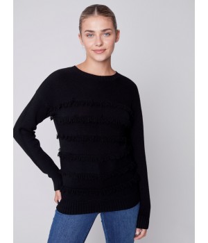 Crew Neck Sweater with Frayed Detail - Black