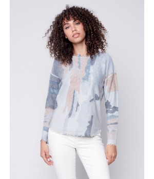 Reversible Printed Sweater with Frayed Edge - Truffle